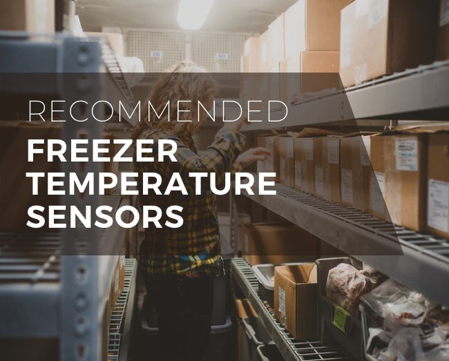 Woman standing in the freezer, with text freezer temperature sensors