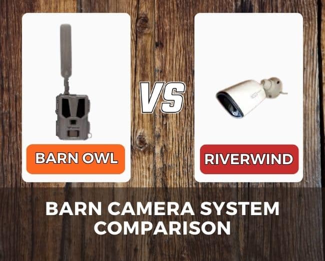 Two pictures of barn cameras with text over lay: Barn Camera System comparison Barn Owl vs Riverwind