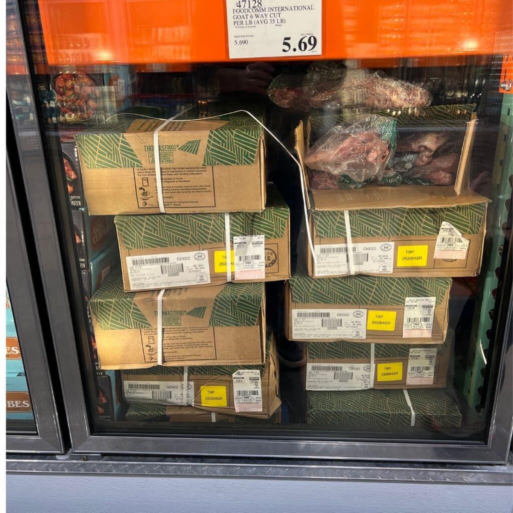 Two examples of cubed goat meat at Costco; cubed goat meat boxes stacked in freezer case
