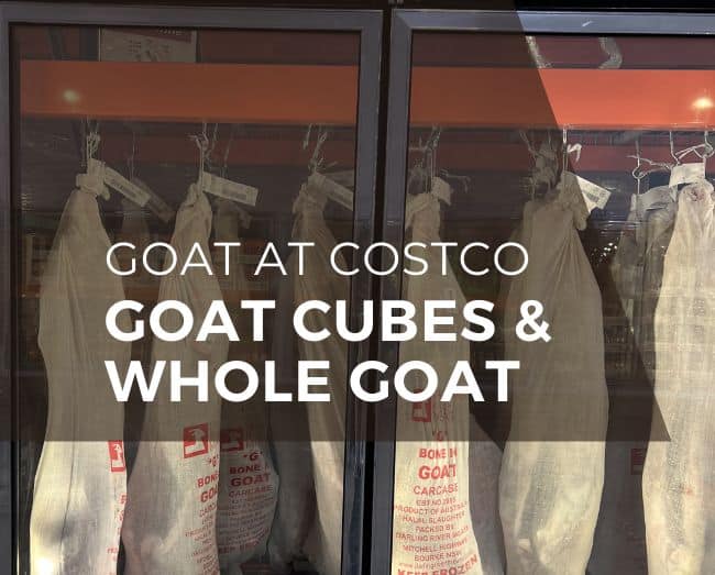 Cooler with hanging frozen whole goats with the text Goat at Costco Goat Cubes and Whole Goat