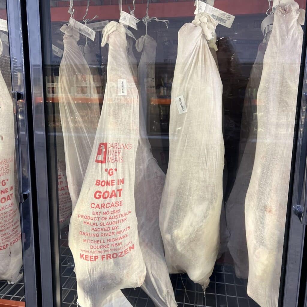 whole hanging goat at Costco in freezer