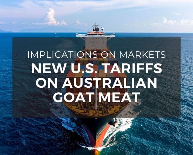 shipping barge on the ocean with text overlay: implications on markets, new us tariffs on Australian Goat meat