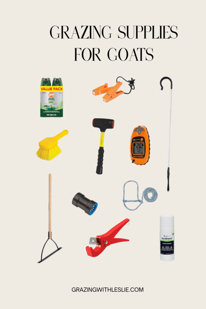 Info graphic showing grazing goats supplies listed in the article: bug spray, jumpers, crook, brush, hammer, fault finder, pipe cuter