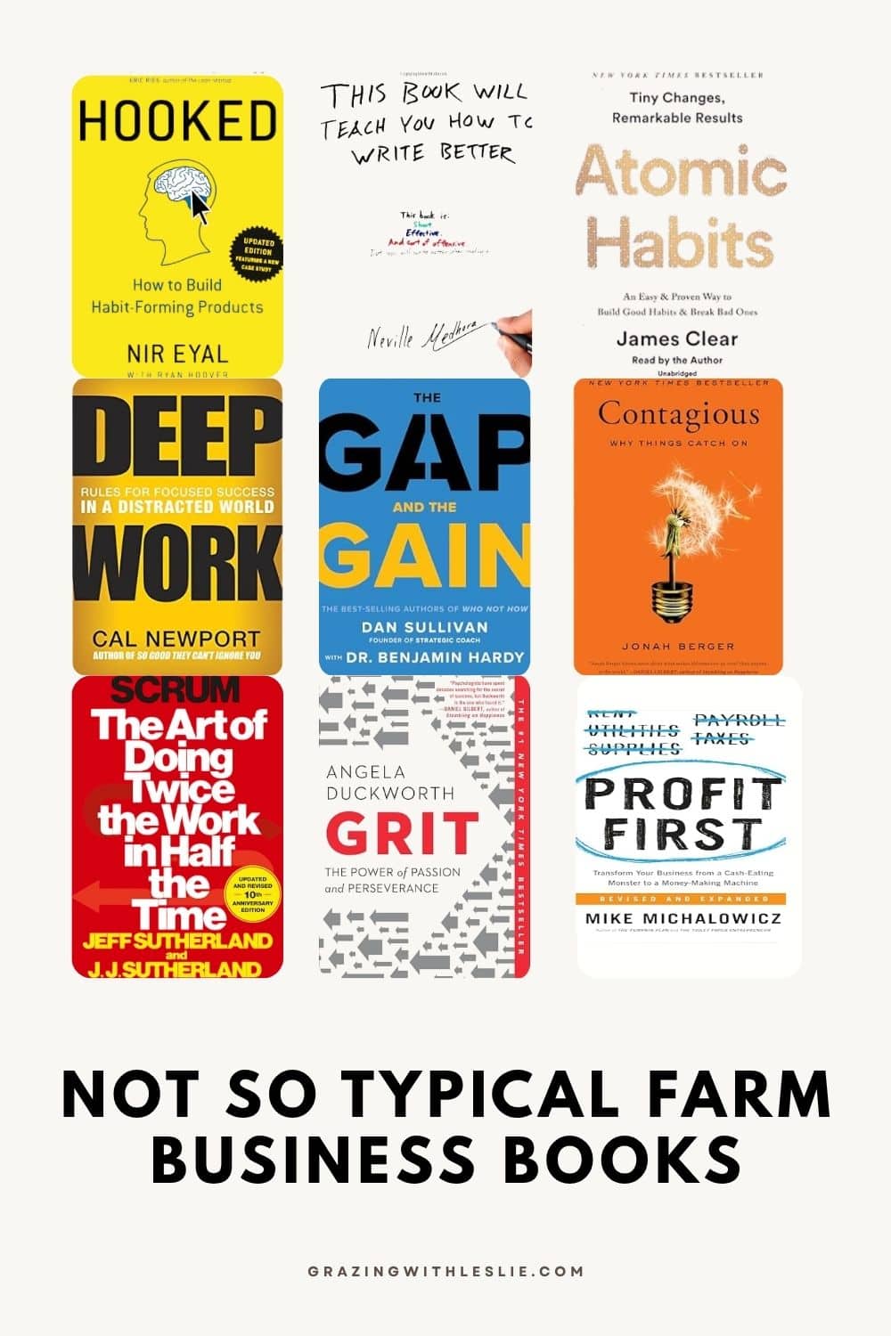 Infographic pin with six book covers that are listed in this blog and text Not so typical farm business books