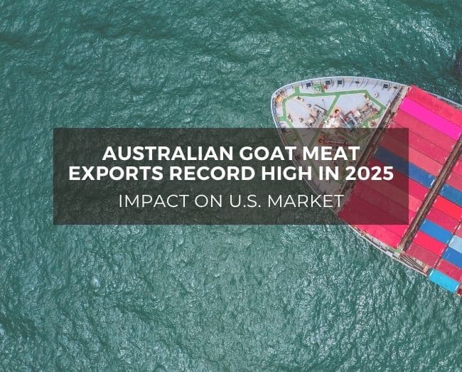 birdseye view of ocean going frieght liner with text: Australian Goat Meat Exports Record High